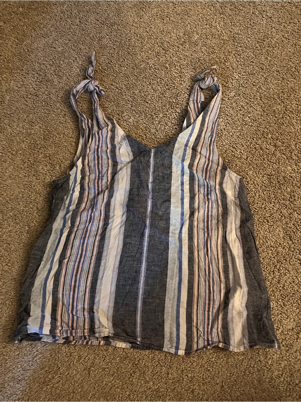 Striped Knot-Shoulder Linen Blend Tank Top - Neutral Multi
